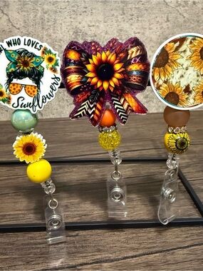 Sunflower Badge Reels Trio - Yellow & Orange Floral Designs